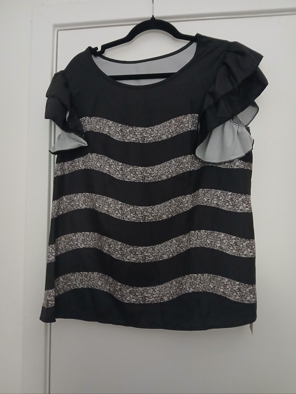 Black & Gray Striped Ruffle Sleeve Blouse